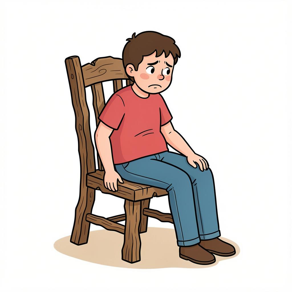 A person sitting on a hard, lumpy, uneven wooden chair with an unhappy expression.