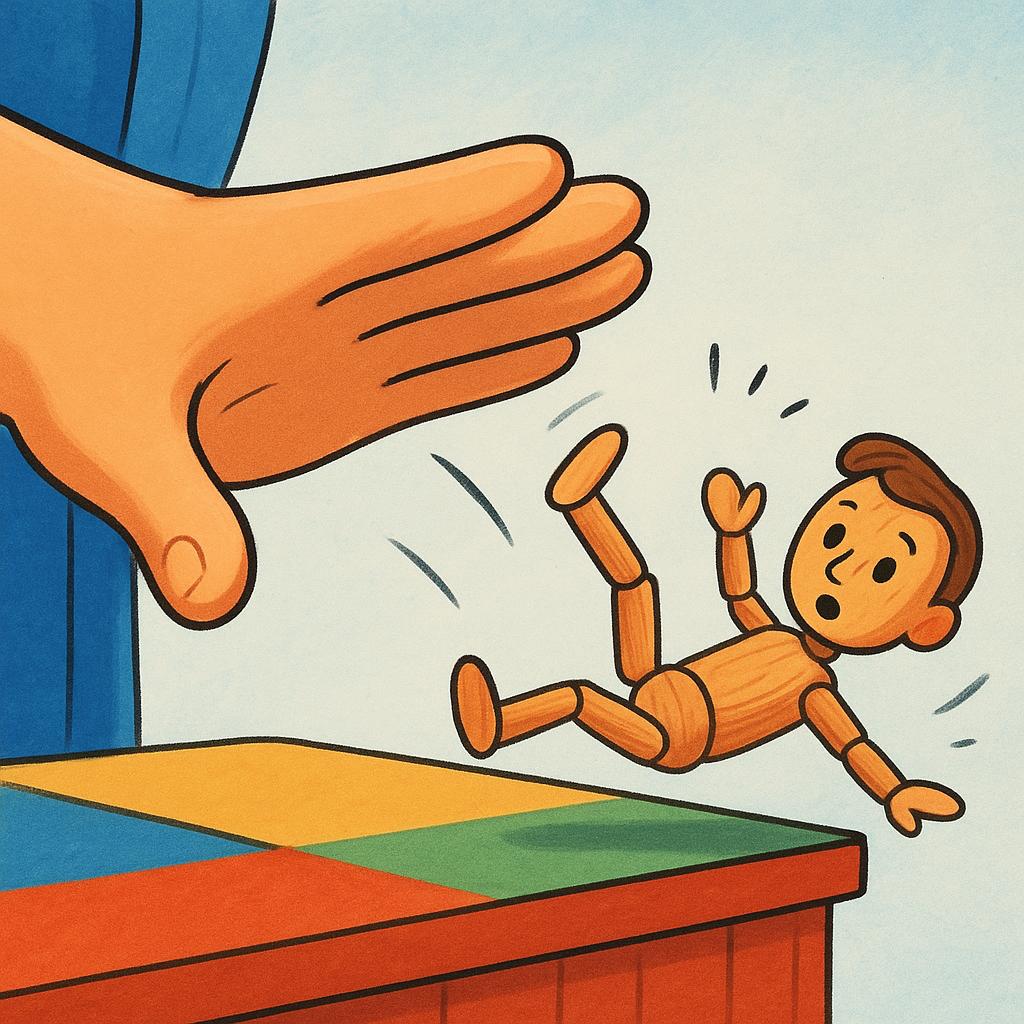 A large, cartoon hand decisively pushes a small, male wooden puppet figure off a simple, colorful stage, symbolizing a definitive ending or defeat.