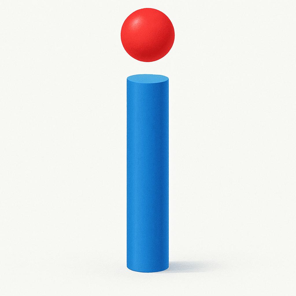 A tall, thin, straight blue pillar standing on a simple background, with a small, perfectly round red sphere floating directly above its center, symbolizing the structure of the letter 'i'.