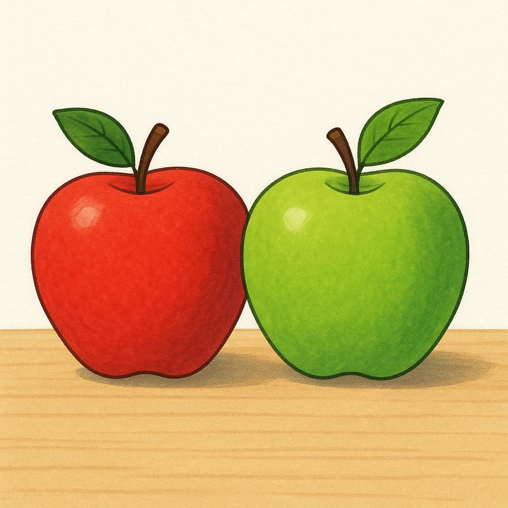 A red apple and a green apple sitting side by side on a clean wooden table, illustrating the concept of being together.