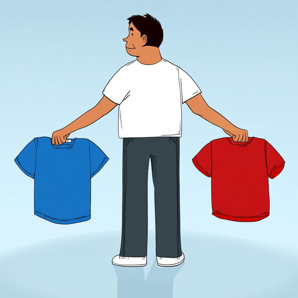 A person holding a blue shirt and a red shirt, looking thoughtfully at them as if deciding which one to wear.