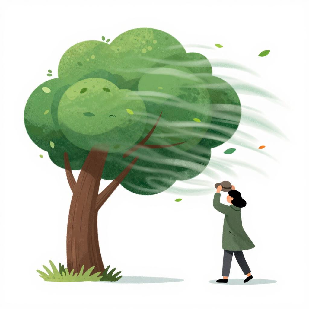 A strong wind blowing a large tree to the side while a person holds onto their hat.