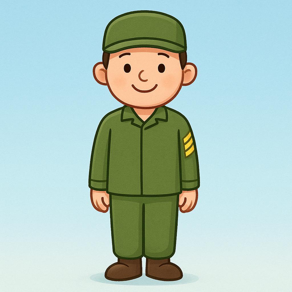 A soldier in a simple green military uniform standing at attention. The rank insignia showing three upward-pointing chevrons, representing a sergeant, is clearly visible on the sleeve.