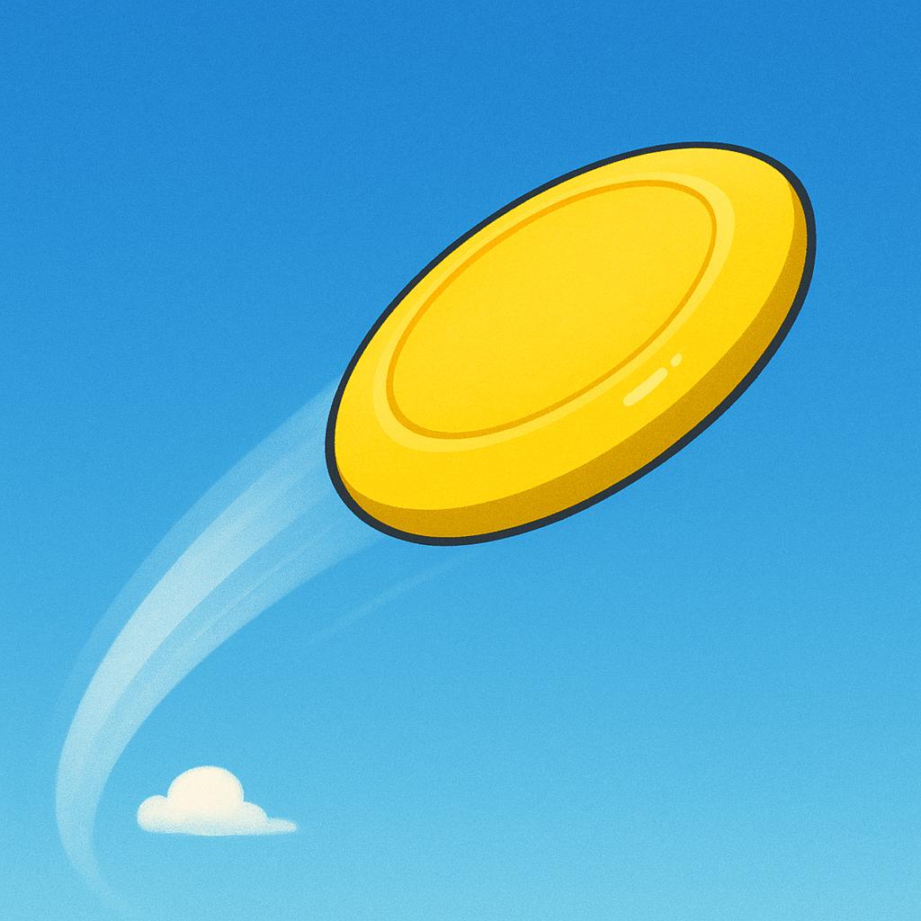 A bright yellow frisbee flying rapidly through the air against a clear blue sky, illustrating the action of being thrown.