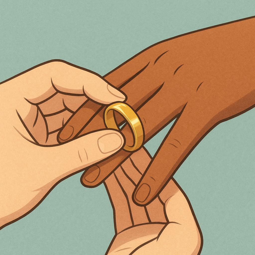 A close-up view of two hands gently touching, one hand placing a simple gold wedding band onto the ring finger of the other hand, symbolizing the marriage ceremony.