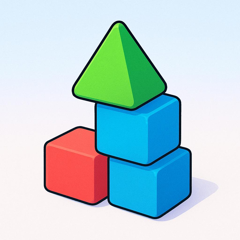 Three colorful geometric blocks, two blue and one yellow, are being stacked together to construct a simple pyramid shape.