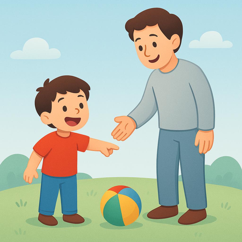 A small child stands next to a taller adult. The child is pointing eagerly toward a colorful object just out of reach. The adult is smiling and extending an open hand toward the object, clearly giving permission for the child to approach it.
