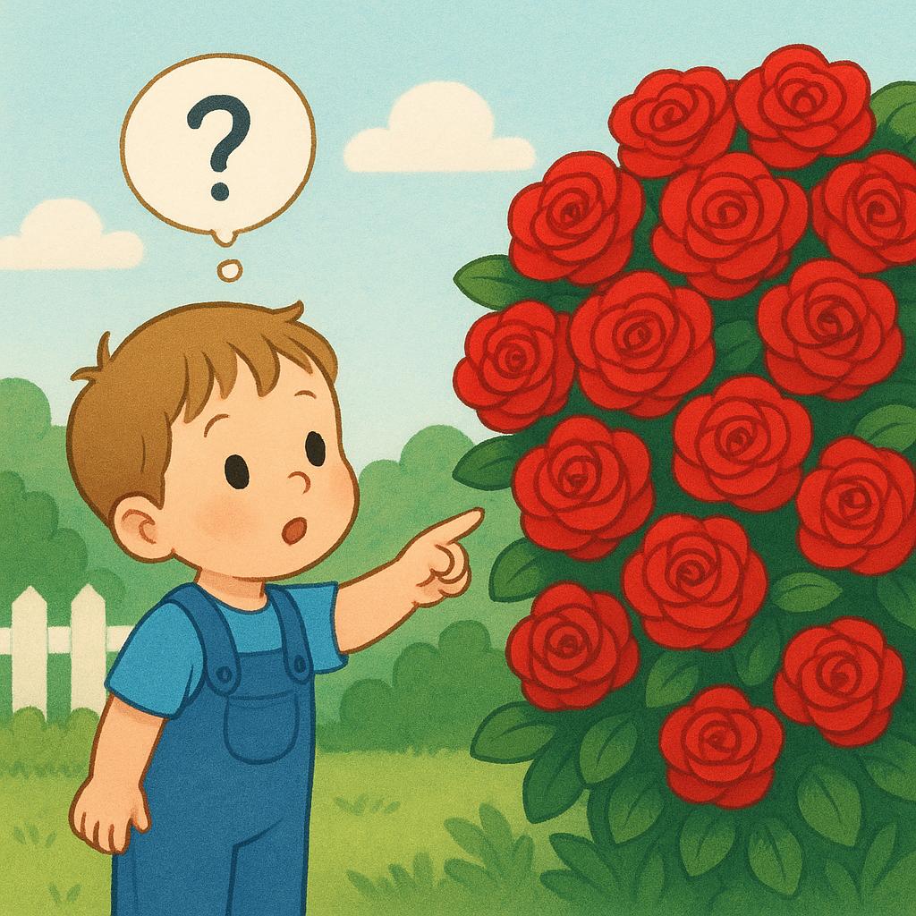 A small child standing in a lush garden, pointing towards a dense group of red roses with an inquisitive expression, suggesting a question about quantity.