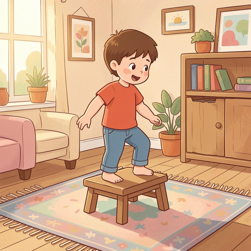 A small child stepping down from a wooden stool onto the floor.