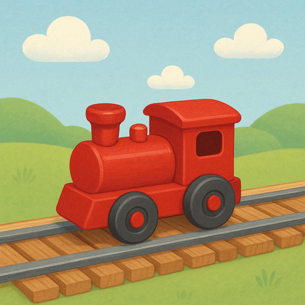 A bright red toy train sitting motionless on a wooden track, depicting the cessation of movement.