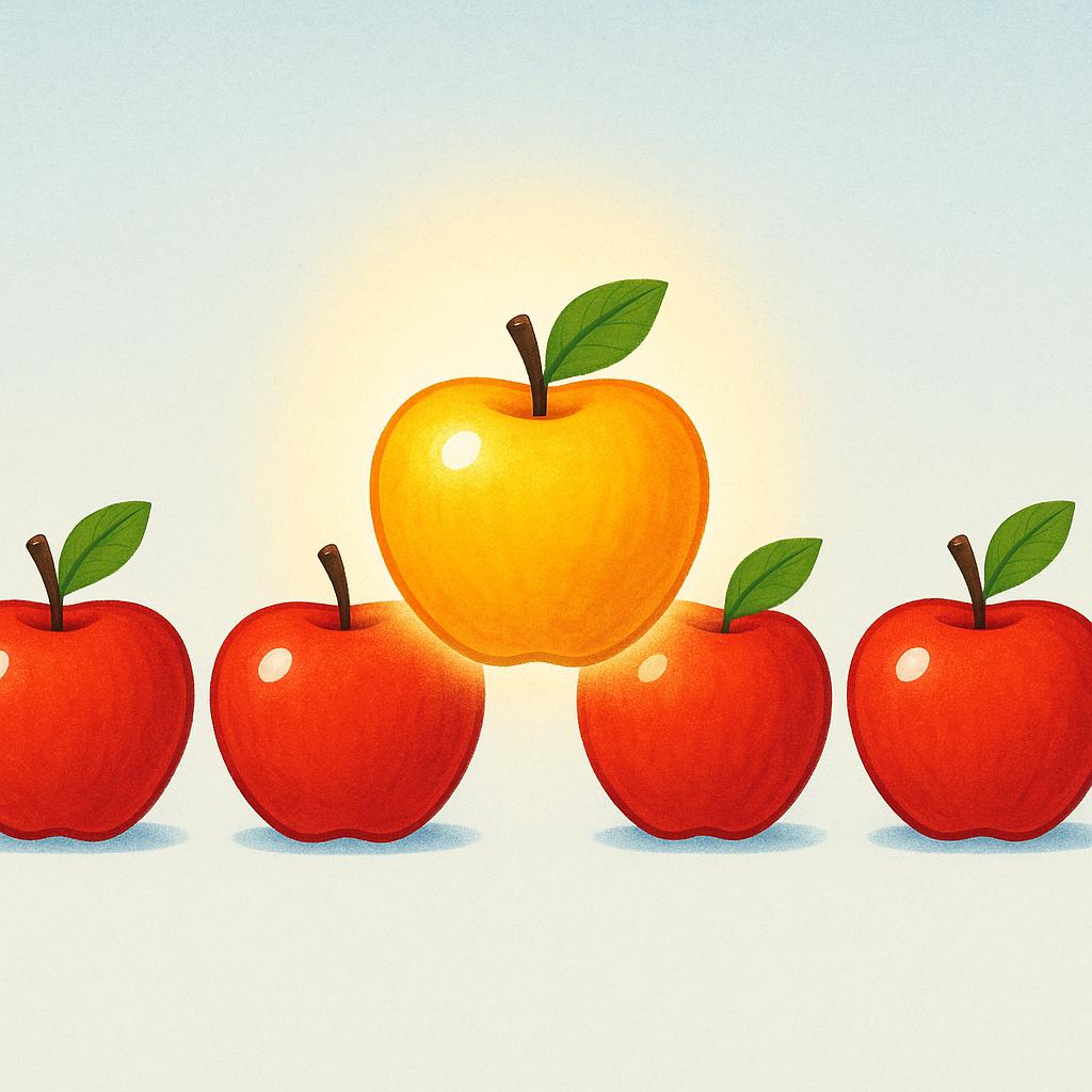 A simple illustration showing four identical red apples in a row, with one large, brightly glowing golden apple placed prominently in the center, indicating selection or special emphasis.