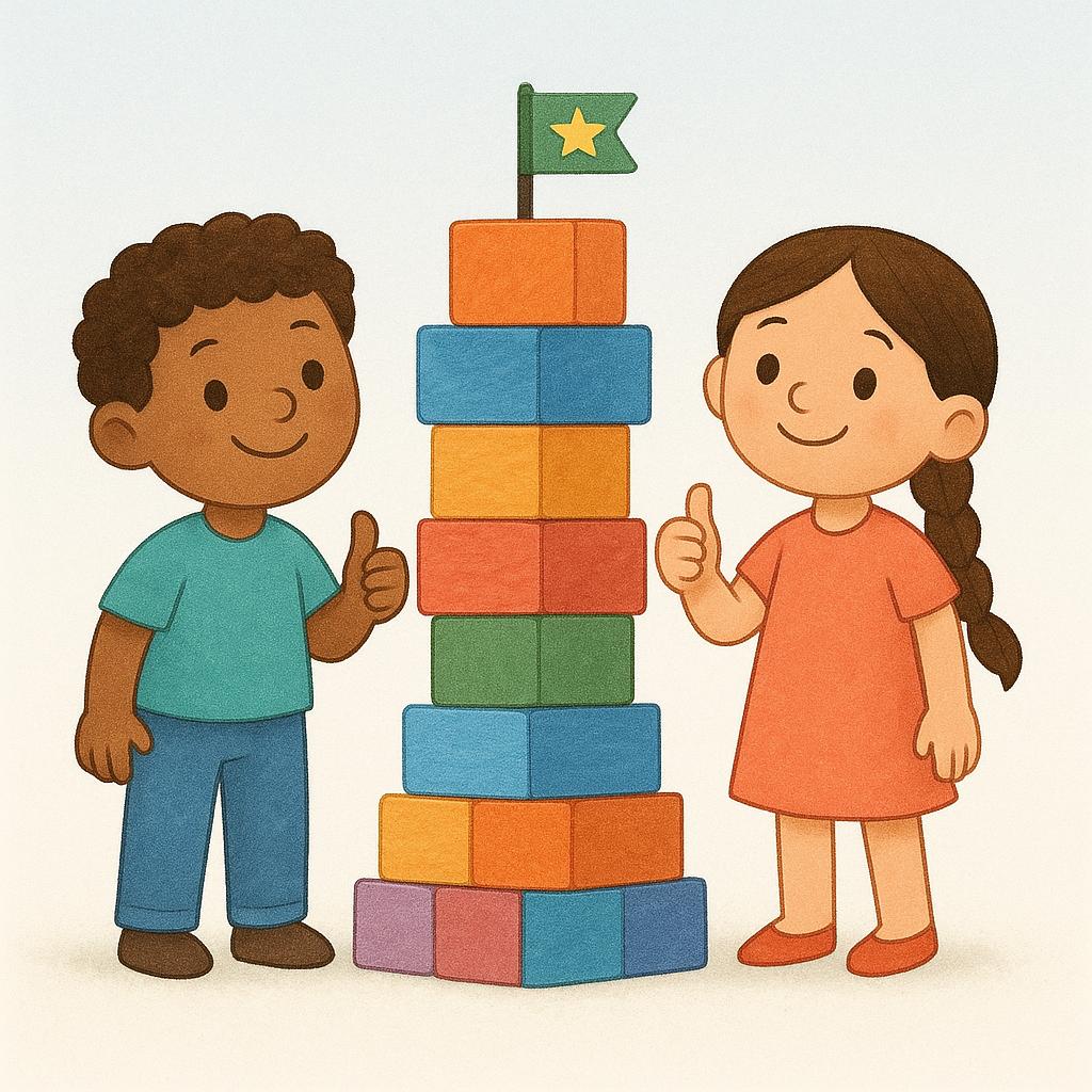 Two simplified figures standing next to a perfectly stacked pile of colorful blocks, symbolizing a completed action or task.