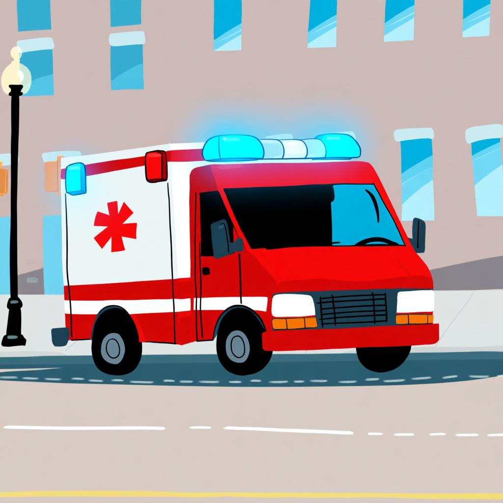 A simple illustration of a bright red and white emergency ambulance with flashing blue lights, representing emergency services.