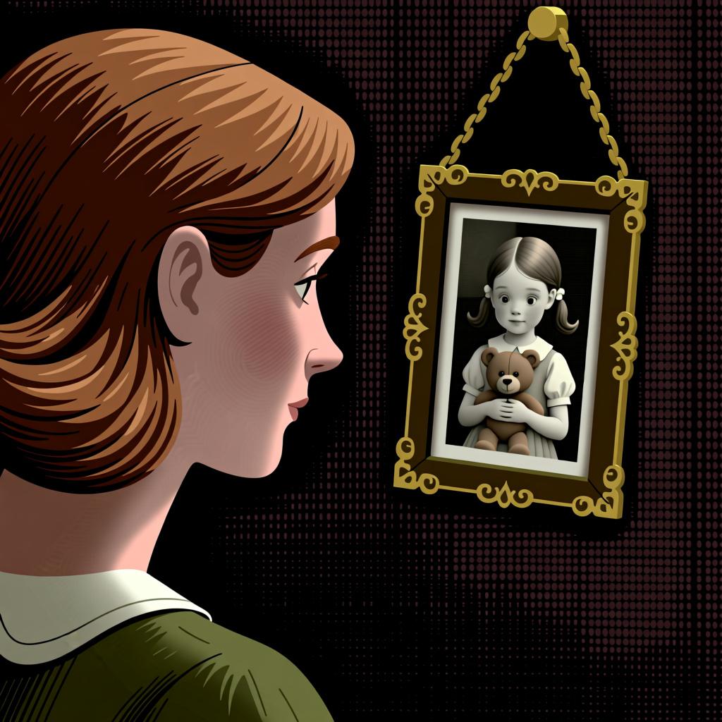 A woman looking fondly at an old, faded photograph of herself as a young child.