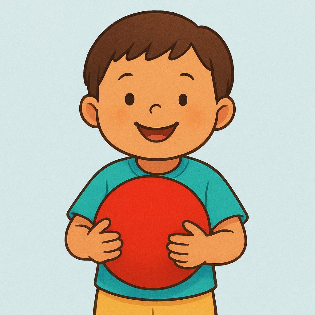 A happy child holds a bright red toy ball tightly in their hands, illustrating possession in the past.