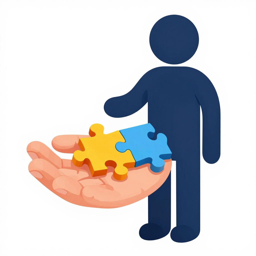 A simplified drawing of a person figure standing with an open hand. A single, large, brightly colored, perfectly formed puzzle piece has just settled into their palm, symbolizing a completed action being directed at 'me'.