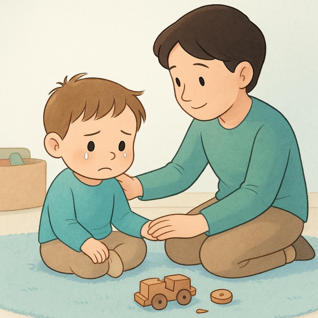 A small child sitting on the ground next to a broken toy, looking sad and tearful, while a kind adult kneels beside them offering comfort.