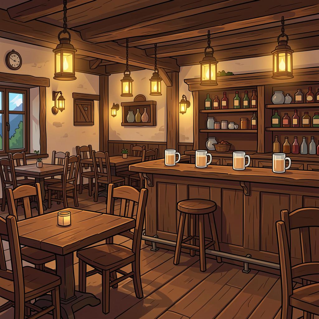A cozy interior of a rustic wooden tavern with tables, chairs, and glasses on a counter.