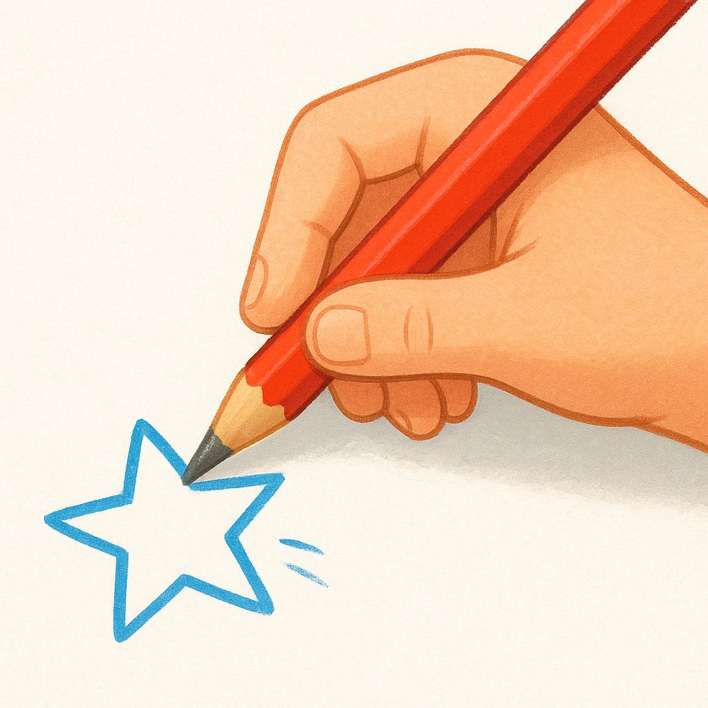 A close-up view of a hand holding a red pencil and actively drawing a simple blue circle on a piece of white paper.