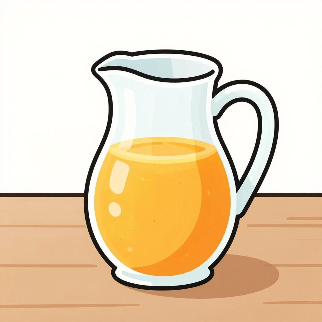 A ceramic pitcher filled with orange juice on a wooden table.
