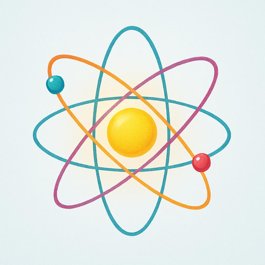 A simple, colorful storybook illustration of a glowing atom. The central nucleus is large and bright yellow, surrounded by three distinct orbital paths with small, colorful electron spheres moving around it, symbolizing nuclear energy.