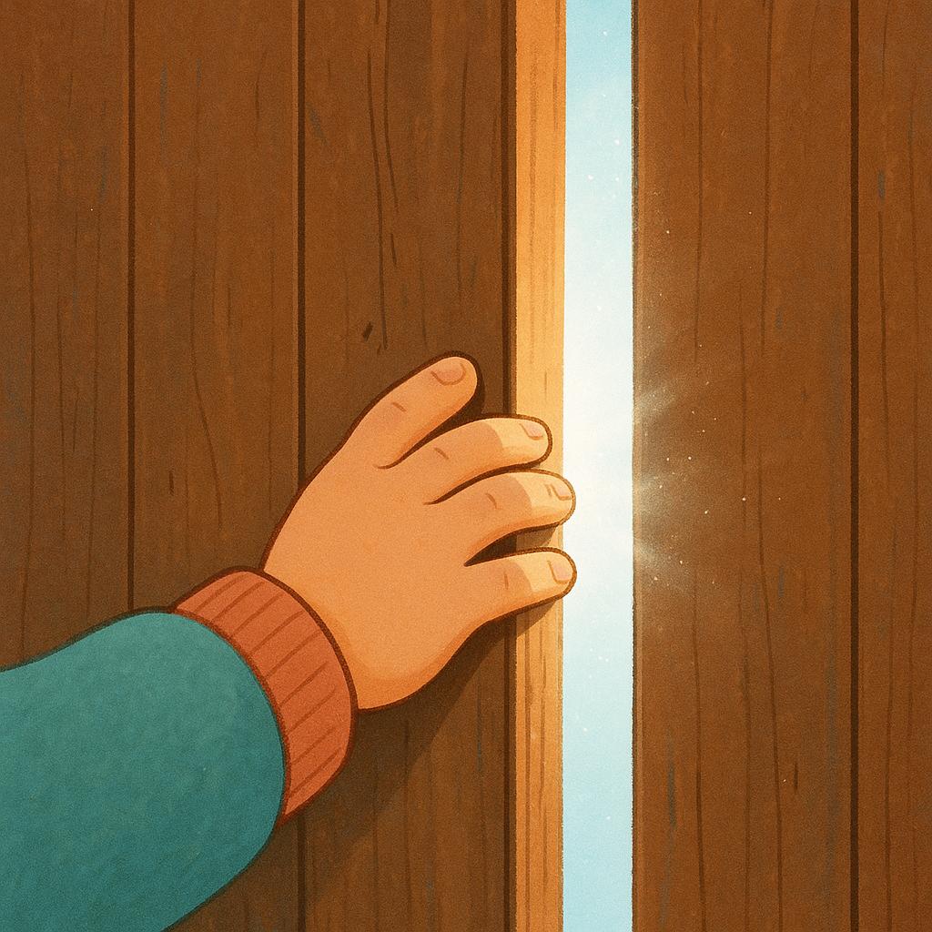 A small child is pulling open a brightly colored wooden door, revealing a glimpse of light from the outside.