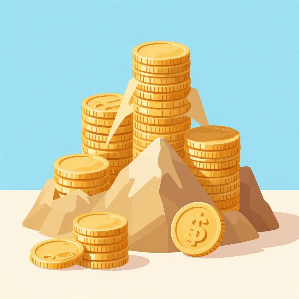 Ein kleiner Haufen Goldmünzen neben einem sehr großen, turmhohen Haufen Goldmünzen.