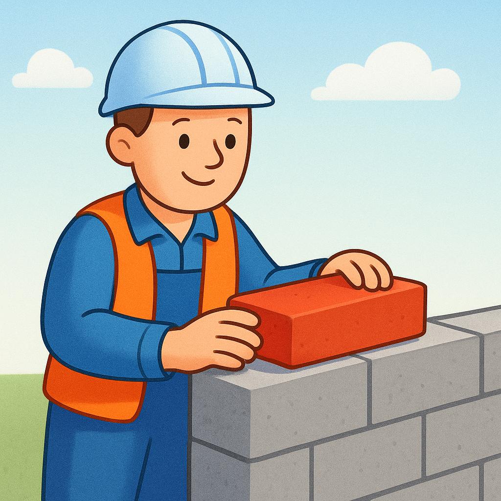 A construction worker wearing a hard hat and safety vest places a single red brick onto a partially built wall, symbolizing physical construction.