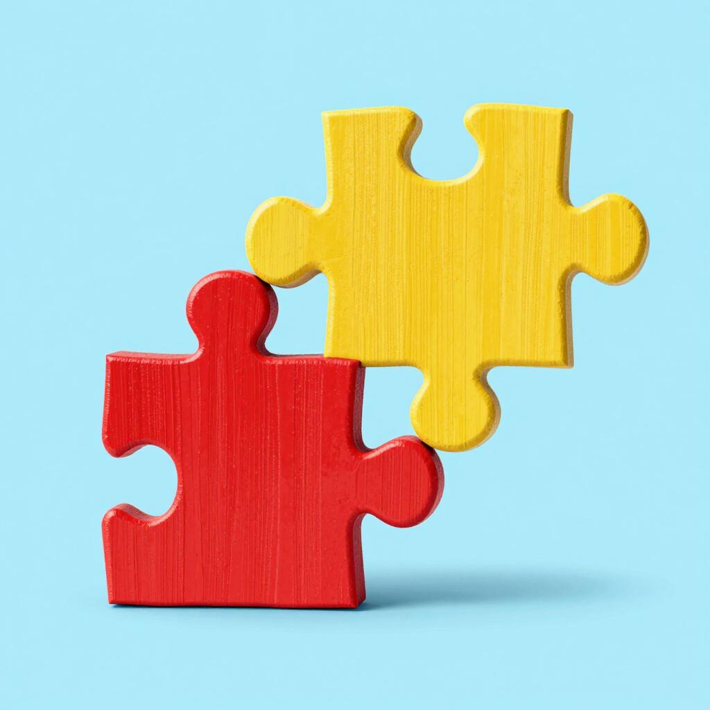Two wooden puzzle pieces being pushed together to fit perfectly.