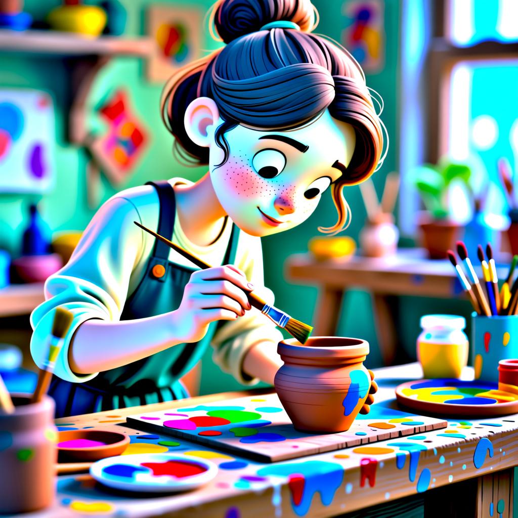 A person with a warm smile is carefully painting a small clay pot on a workbench filled with art supplies.