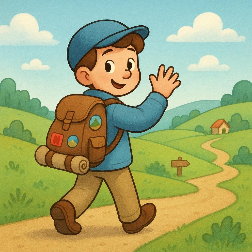 A cheerful cartoon traveler, wearing a small backpack, walking away down a winding path towards the background. The traveler is waving goodbye over their shoulder.