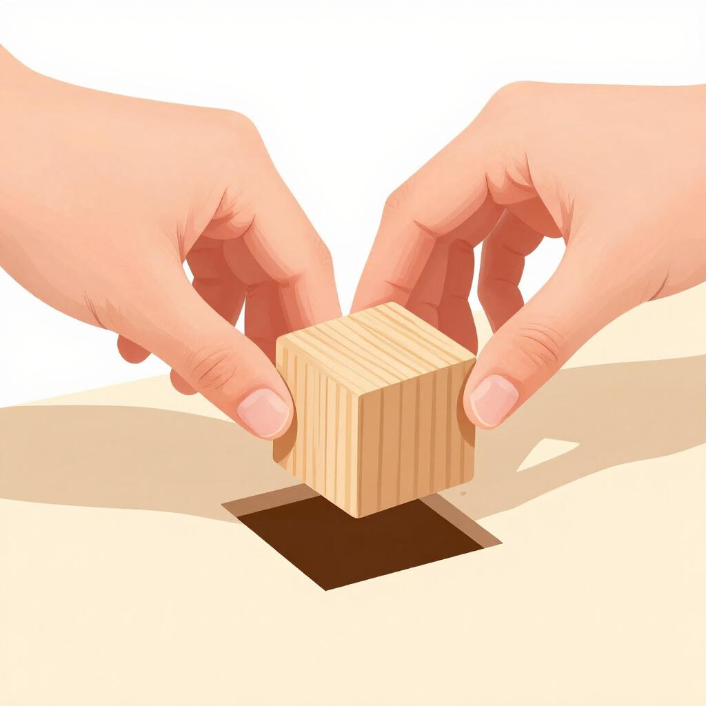 A child carefully placing a toy block perfectly into its matching slot in a shape sorter.