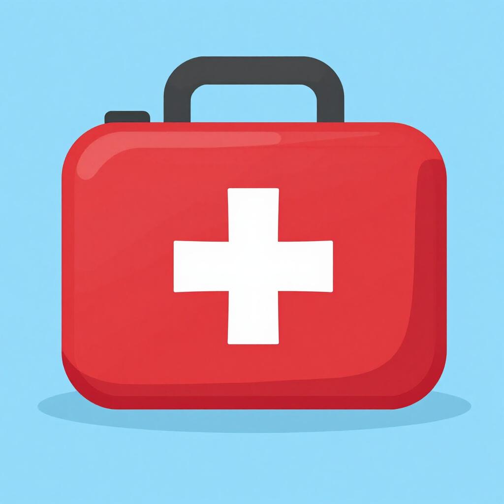 Une trousse de premiers secours rouge vif avec une croix blanche sur le devant, posée sur une surface propre.