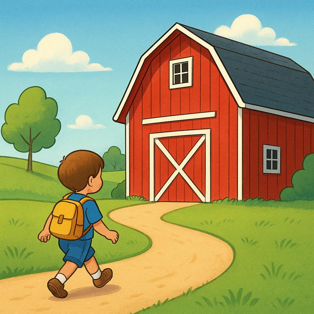 A child walking along a path next to a colorful red barn, illustrating the act of moving past a location.