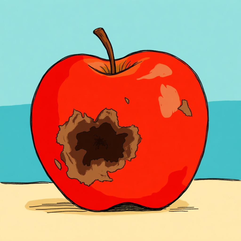 A bright red apple with a large, visible rotten brown spot on its side, symbolizing poor quality.