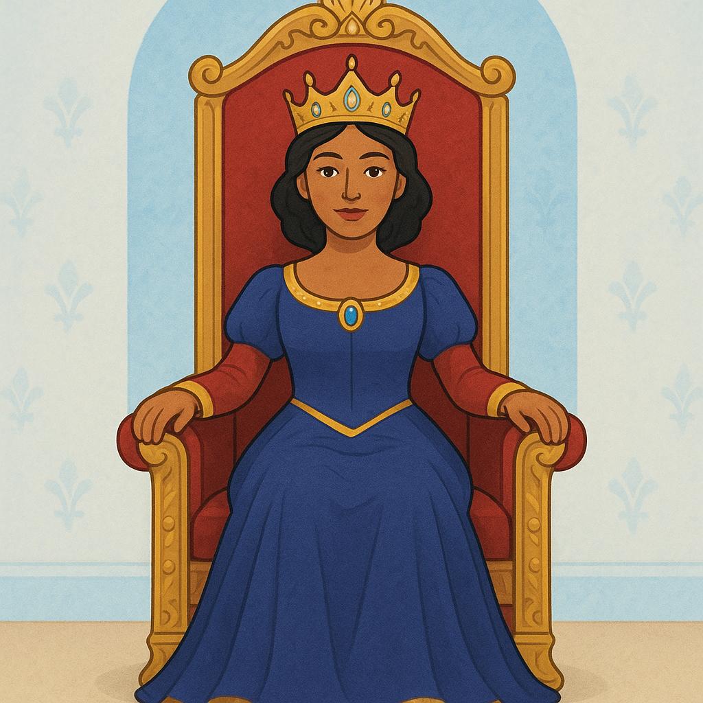 A majestic woman wearing a golden crown and a regal gown, sitting on an ornate red throne.