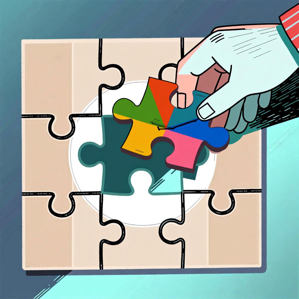 A colorful jigsaw puzzle with one final piece being fitted into place by a hand.