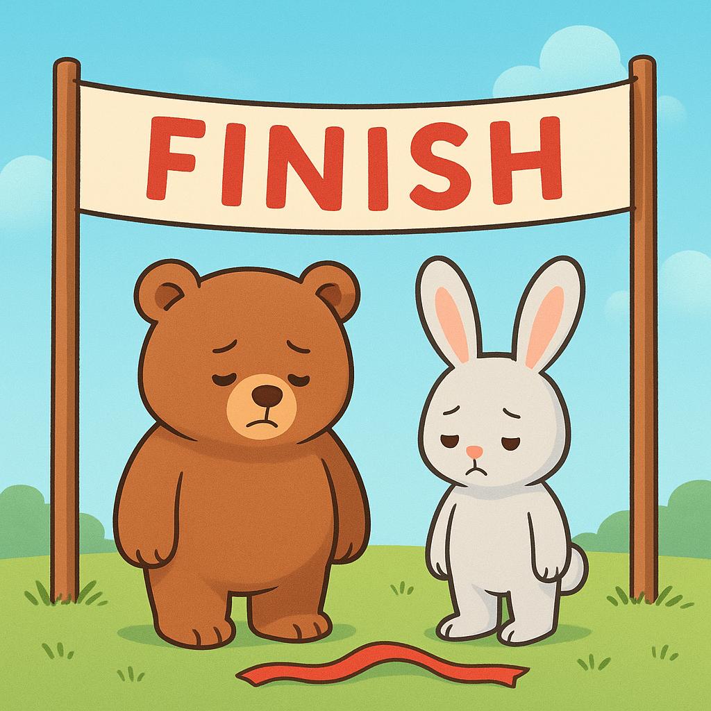 A simple illustration showing a bear and a rabbit looking sad and disappointed after losing a race.