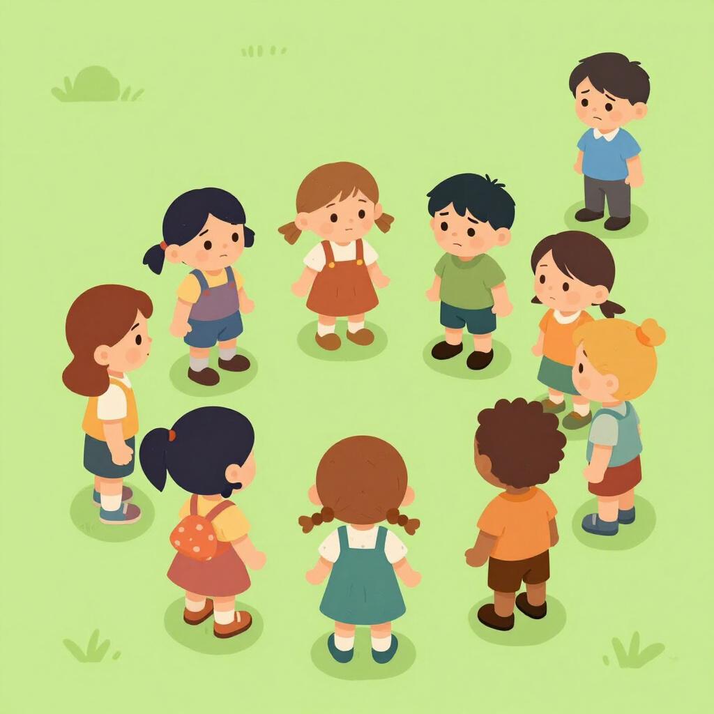 A group of children playing together in a park while one child of a different race stands alone and looks sad, representing exclusion.