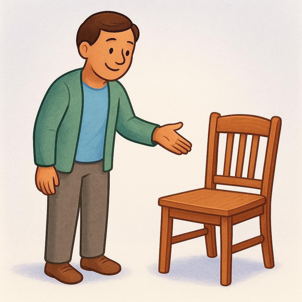 A smiling person politely pointing towards an empty wooden chair, clearly inviting someone to sit down.