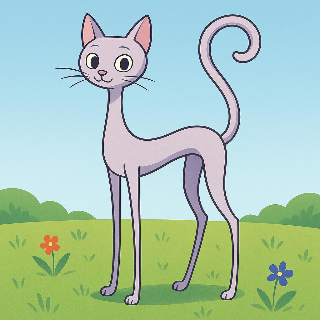 A very slender, long-legged cat standing elegantly on a green field.