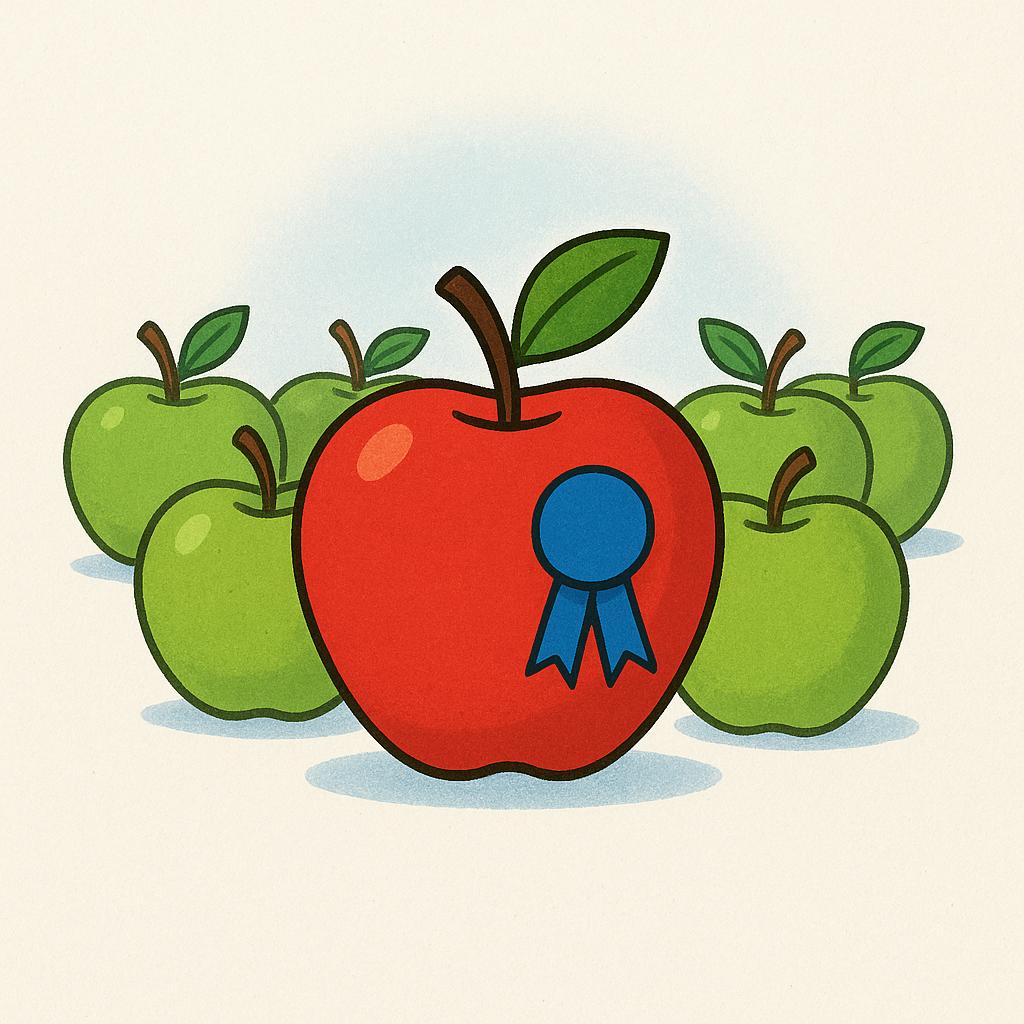 A single, brightly colored red apple standing out prominently among a group of plain green apples, symbolizing the preferred item.