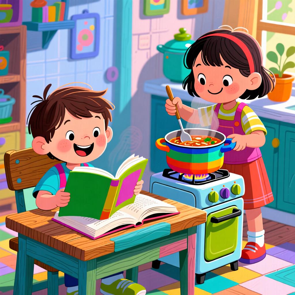 Two children performing different activities simultaneously: one reading a book and the other cooking at a stove.