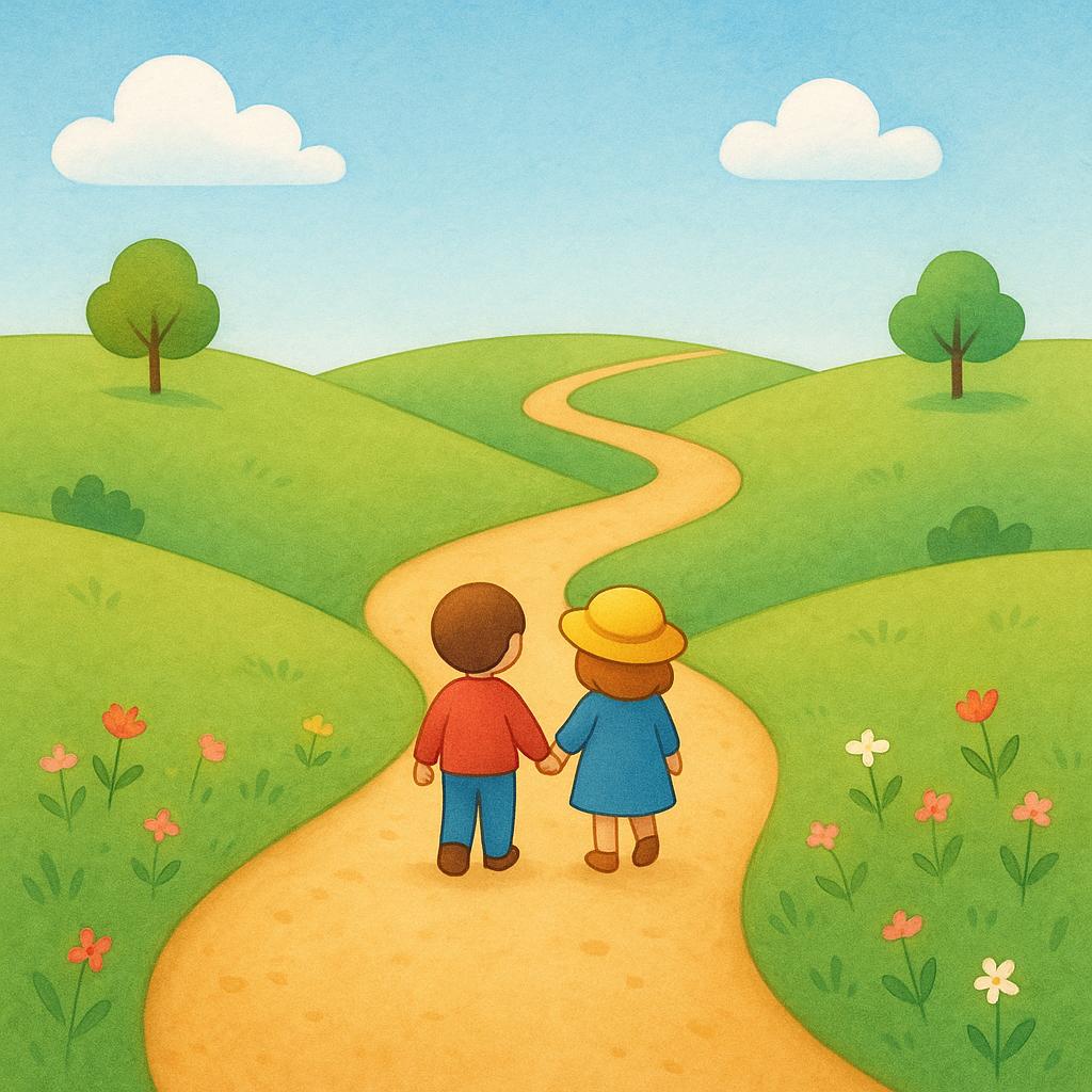 Two small cartoon figures walking together on a long, winding dirt path that disappears into the distance, symbolizing continuing an action.
