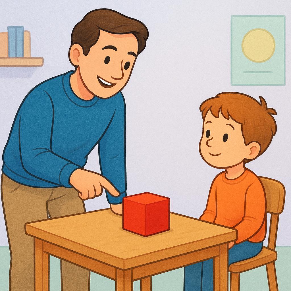 A friendly teacher character standing next to a table, pointing clearly at a simple, brightly colored geometric shape to explain a concept. A single student is sitting and listening attentively.