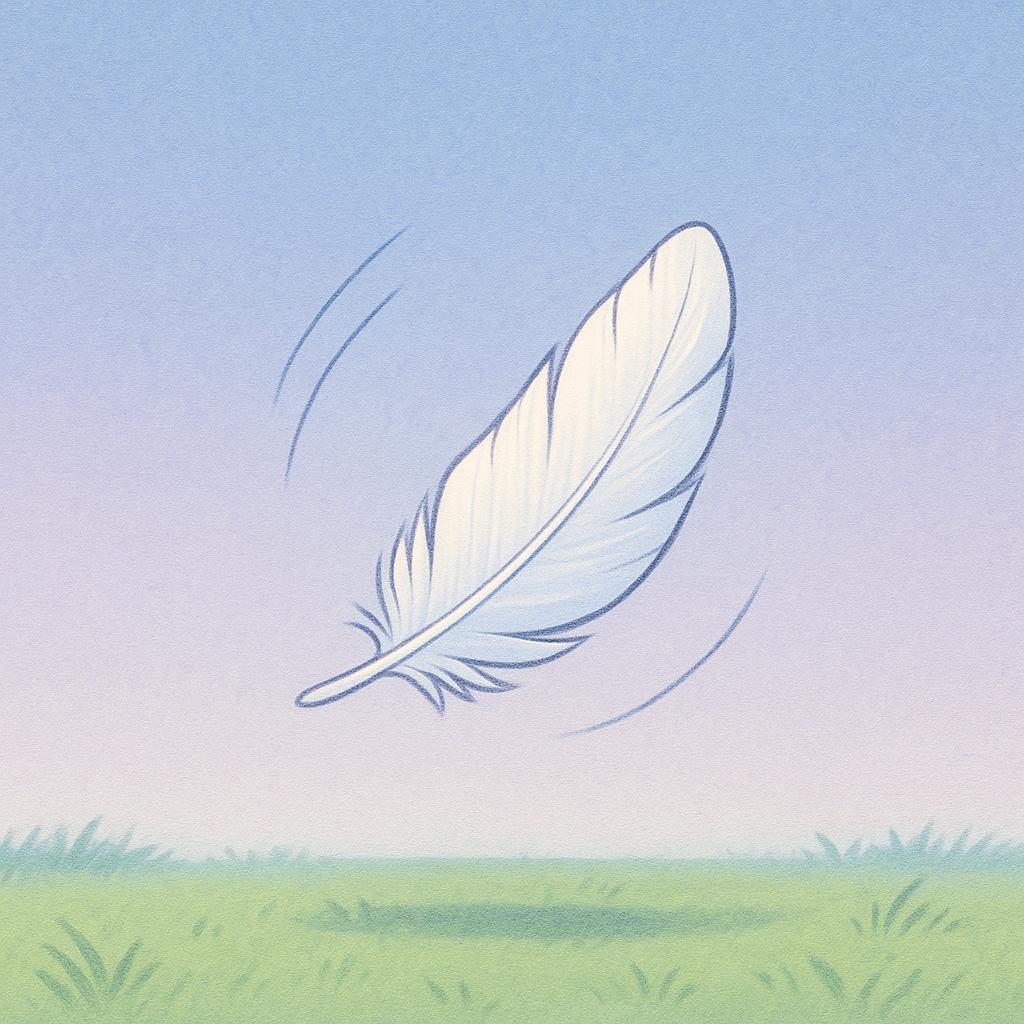 A single white feather is floating gently in the air, symbolizing lack of weight.