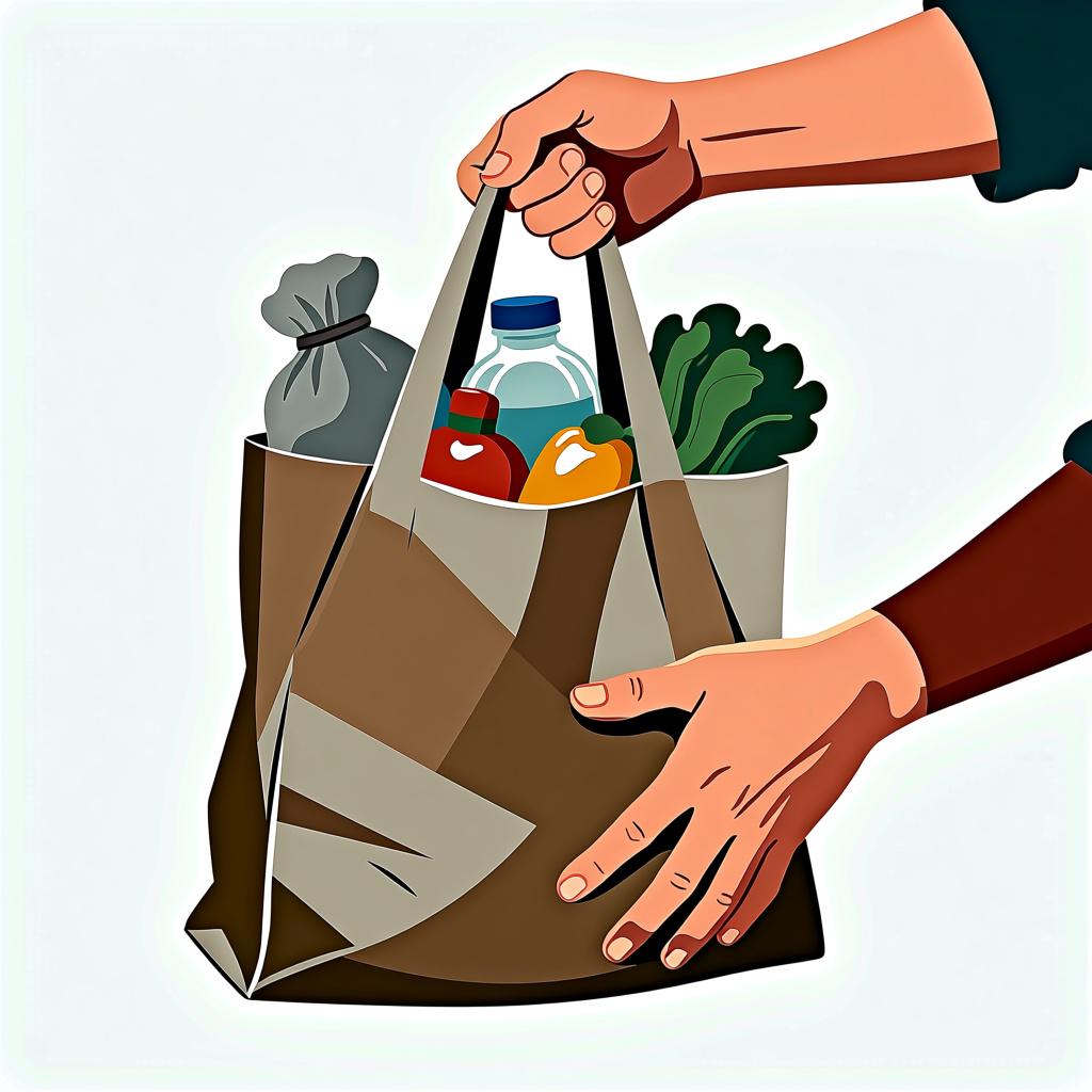 A person offering to help another person carry a heavy, overflowing grocery bag.