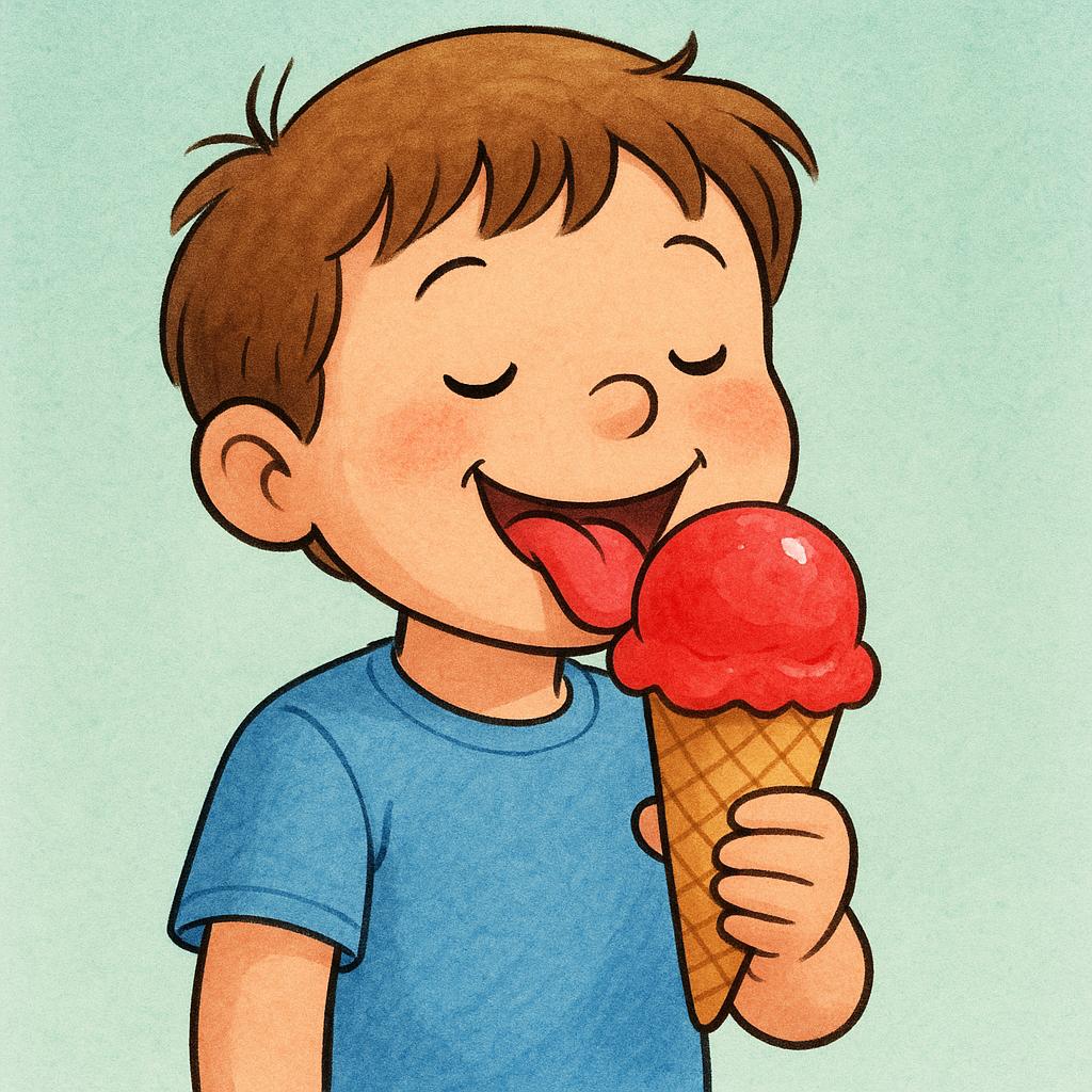 A young child with wide eyes and a happy expression licking a bright red strawberry ice cream cone.