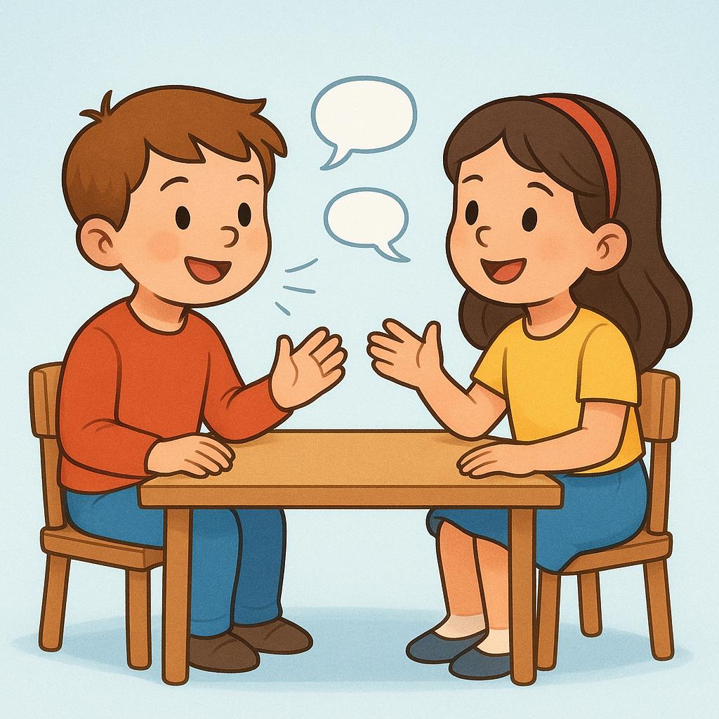 Two friendly cartoon figures, a boy and a girl, sitting across from each other at a small table, smiling and actively engaged in conversation.