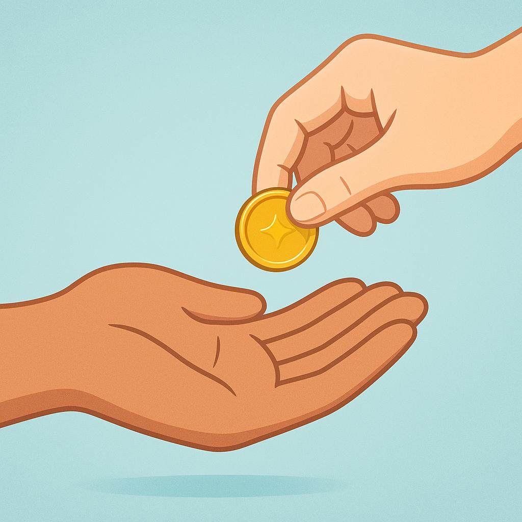 A close-up illustration of one hand placing a shiny gold coin into the open palm of a receiving hand, symbolizing a payment.